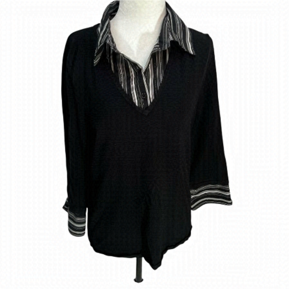 𝅺vintage🖤penmans Black V-Neck Mock Sweater with Faux Blouse Detail Size L